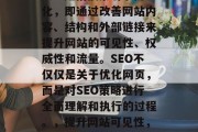 SEO是指搜索引擎优化,即通过改善网站内容、结构和外部链接来提升网站的可见性、权威性和流量。SEO不仅仅是关于优化网页,而是对SEO策略进行全面理解和执行的过程。,提升网站可见性,SEO全攻略