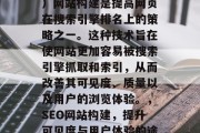 SEO(搜索引擎优化)网站构建是提高网页在搜索引擎排名上的策略之一。这种技术旨在使网站更加容易被搜索引擎抓取和索引,从而改善其可见度、质量以及用户的浏览体验。,SEO网站构建,提升可见度与用户体验的途径之一 SEO(搜索引擎优化)网站构建是提高网页在搜索引擎排名上的策略之一。这种技术旨在使网站更加容易被搜索引擎抓取和索引,从而改善其可见度、质量以及用户的浏览体验。,SEO网站构建,提升可见度与用户体验的途径之一