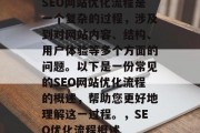 SEO网站优化流程是一个复杂的过程,涉及到对网站内容、结构、用户体验等多个方面的问题。以下是一份常见的SEO网站优化流程的概述,帮助您更好地理解这一过程。,SEO优化流程概述 SEO网站优化流程是一个复杂的过程,涉及到对网站内容、结构、用户体验等多个方面的问题。以下是一份常见的SEO网站优化流程的概述,帮助您更好地理解这一过程。,SEO优化流程概述