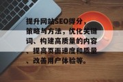 提升网站SEO得分,策略与方法,优化关键词、构建高质量的内容、提高页面速度和质量、改善用户体验等。 提升网站SEO得分,策略与方法,优化关键词、构建高质量的内容、提高页面速度和质量、改善用户体验等。