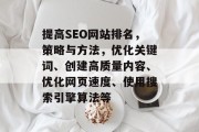 提高SEO网站排名,策略与方法,优化关键词、创建高质量内容、优化网页速度、使用搜索引擎算法等