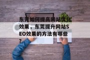 东莞如何提高网站优化效果,东莞提升网站SEO效果的方法有哪些? 东莞如何提高网站优化效果,东莞提升网站SEO效果的方法有哪些?