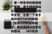SEO(搜索引擎优化)是一种有效的网络推广策略,用于提高网站在搜索引擎中的排名和可见性。这是一个关于如何进行SEO的教程,包括SEO的基本概念、最佳实践以及常见的错误。,SEO实战,步骤指南及常见误区