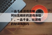 一品千金游戏攻略，如何玩出精彩的游戏体验？，一品千金，玩游戏的秘诀与技巧