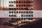 优化关键词、改善页面结构和外部链接、减少元标签数量以及增强可读性。这些步骤有助于提高搜索引擎排名,从而吸引更多的流量到你的网站。,优化关键词,提升网页排名,页面结构优化,加载更快,外部链接,增加信任度,减少元标签,提高可读性