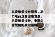 抖音流量提升服务,助力电商企业健康发展,抖音流量提升,电商企业发展的关键策略