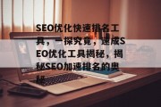 SEO优化快速排名工具,一探究竟,速成SEO优化工具揭秘,揭秘SEO加速排名的奥秘