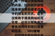 SEO（搜索引擎优化）是一种通过调整网站的内容、结构和外部链接来提升其在搜索结果中的排名的方式。这不仅有助于提高网站的可见度，还可以帮助用户更有效地找到他们需要的信息。，SEO策略，如何提升网站排名并吸引用户
