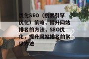 优化SEO(搜索引擎优化)策略,提升网站排名的方法,SEO优化,提升网站排名的常见方法 优化SEO(搜索引擎优化)策略,提升网站排名的方法,SEO优化,提升网站排名的常见方法
