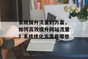 系统提升流量的方案,如何高效提升网站流量?系统优化方案有哪些