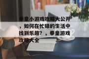 拳皇小游戏攻略大公开,如何在忙碌的生活中找到乐趣?,拳皇游戏攻略大全