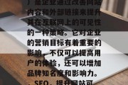 SEO(搜索引擎优化)是企业通过改善网站内容和外部链接来提升其在互联网上的可见性的一种策略。它对企业的营销目标有着重要的影响,不仅可以提高用户的体验,还可以增加品牌知名度和影响力。,SEO,提升网站可见性的关键策略 SEO(搜索引擎优化)是企业通过改善网站内容和外部链接来提升其在互联网上的可见性的一种策略。它对企业的营销目标有着重要的影响,不仅可以提高用户的体验,还可以增加品牌知名度和影响力。,SEO,提升网站可见性的关键策略
