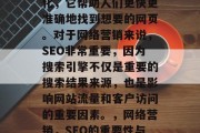 SEO是指搜索引擎优化,它帮助人们更快更准确地找到想要的网页。对于网络营销来说,SEO非常重要,因为搜索引擎不仅是重要的搜索结果来源,也是影响网站流量和客户访问的重要因素。,网络营销,SEO的重要性与影响分析 SEO是指搜索引擎优化,它帮助人们更快更准确地找到想要的网页。对于网络营销来说,SEO非常重要,因为搜索引擎不仅是重要的搜索结果来源,也是影响网站流量和客户访问的重要因素。,网络营销,SEO的重要性与影响分析