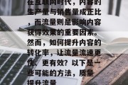 在互联网时代,内容的生产量与销售量成正比,而流量则是影响内容获得效果的重要因素。然而,如何提升内容的转化率,让流量流速更快、更有效?以下是一些可能的方法,质量 提升流量 在互联网时代,内容的生产量与销售量成正比,而流量则是影响内容获得效果的重要因素。然而,如何提升内容的转化率,让流量流速更快、更有效?以下是一些可能的方法,质量 提升流量
