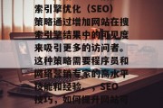 SEO网站渗透是指搜索引擎优化(SEO)策略通过增加网站在搜索引擎结果中的可见度来吸引更多的访问者。这种策略需要程序员和网络营销专家的高水平技能和经验。,SEO技巧,如何提升网站可见度以吸引更多流量 SEO网站渗透是指搜索引擎优化(SEO)策略通过增加网站在搜索引擎结果中的可见度来吸引更多的访问者。这种策略需要程序员和网络营销专家的高水平技能和经验。,SEO技巧,如何提升网站可见度以吸引更多流量