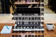 优化大流量网站对于企业来说,不仅需要专业的技术支持和运营策略,还需要对网站的页面布局、链接结构、图片内容等进行全面的优化。以下是一些可以帮助企业优化大流量网站的具体步骤。,优化大流量网站,从规划布局到执行优化