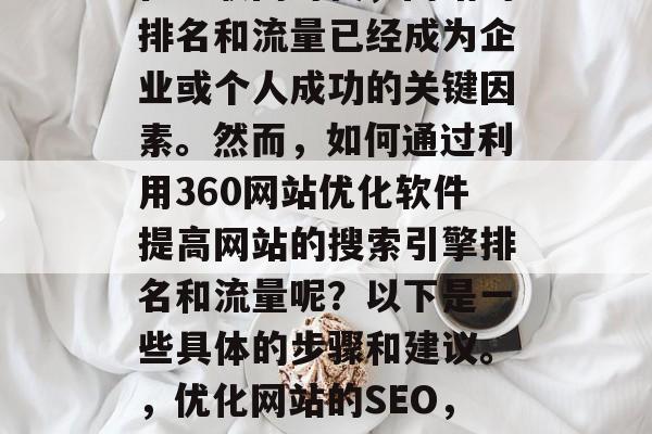 在互联网时代,网站的排名和流量已经成为企业或个人成功的关键因素。然而,如何通过利用360网站优化软件提高网站的搜索引擎排名和流量呢?以下是一些具体的步骤和建议。,优化网站的SEO,步骤与建议 在互联网时代,网站的排名和流量已经成为企业或个人成功的关键因素。然而,如何通过利用360网站优化软件提高网站的搜索引擎排名和流量呢?以下是一些具体的步骤和建议。,优化网站的SEO,步骤与建议