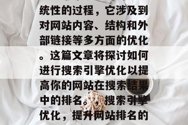 SEO 优化是一个系统性的过程,它涉及到对网站内容、结构和外部链接等多方面的优化。这篇文章将探讨如何进行搜索引擎优化以提高你的网站在搜索结果中的排名。,搜索引擎优化,提升网站排名的关键策略 SEO 优化是一个系统性的过程,它涉及到对网站内容、结构和外部链接等多方面的优化。这篇文章将探讨如何进行搜索引擎优化以提高你的网站在搜索结果中的排名。,搜索引擎优化,提升网站排名的关键策略