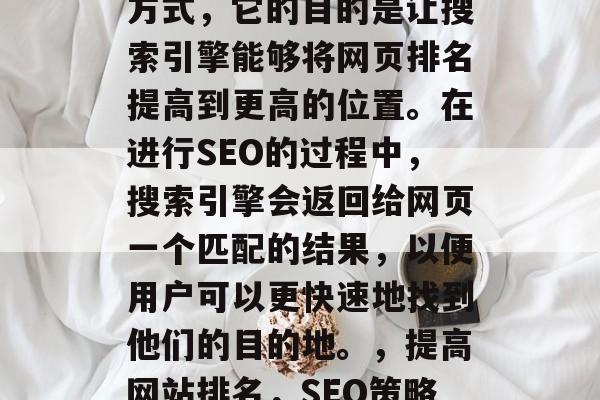 SEO是一种在线推广方式，它的目的是让搜索引擎能够将网页排名提高到更高的位置。在进行SEO的过程中，搜索引擎会返回给网页一个匹配的结果，以便用户可以更快速地找到他们的目的地。，提高网站排名，SEO策略与实践